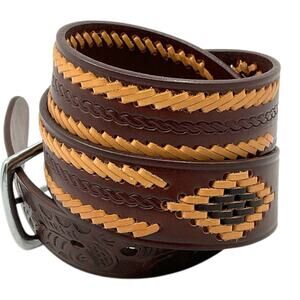Brown Leather Mens 36 Western Belt Tan Dk Brown Stitching Southwest Rodeo Cowboy